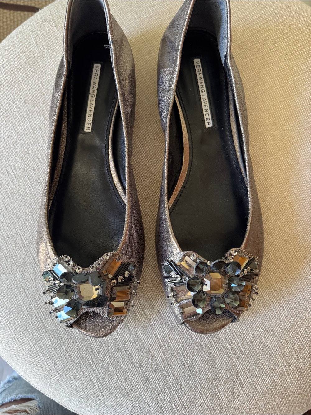 Vera Wang Lavender Bronze Embellished Peep-Toe Flats LIKE NEW